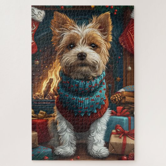 Draad Fox Terrier Hond Met Kerstcadeau Haard Legpuzzel (Verticaal)