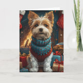 Draad Fox Terrier Hond met Kerstcadeau open haard Kaart (Voorkant)