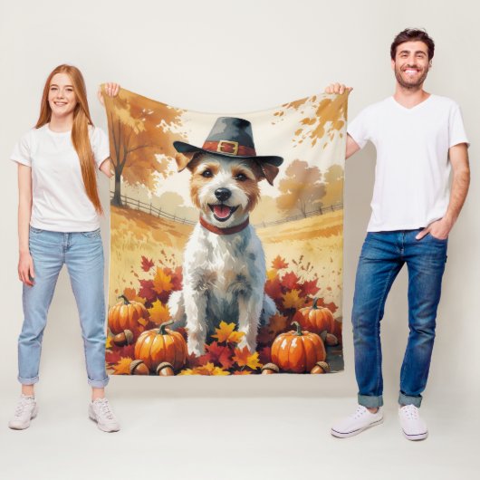 Draad Fox Terrier in herfstbladeren Thanksgiving K Fleece Deken (In situ)
