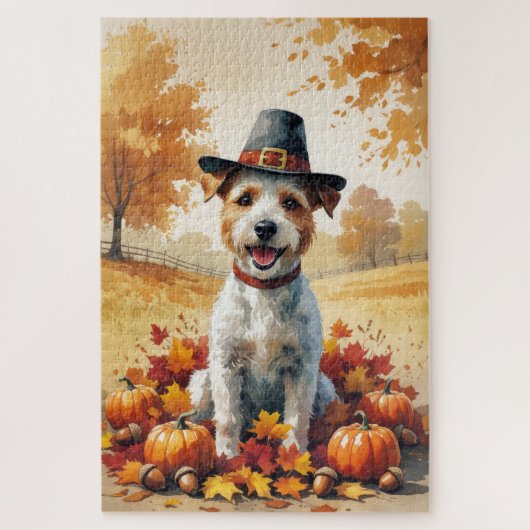 Draad Fox Terrier in herfstbladeren Thanksgiving K Legpuzzel (Verticaal)