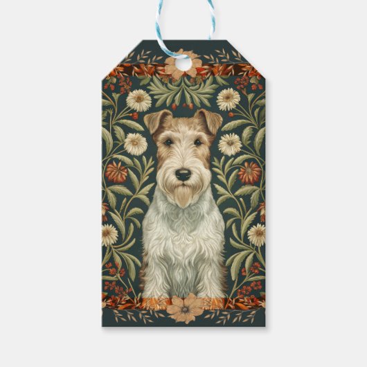 Draad Fox Terrier in William Morris bloemstijl Cadeaulabel (Voorkant)