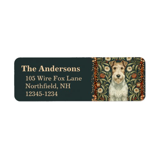 Draad Fox Terrier in William Morris bloemstijl Etiket (Voorkant)