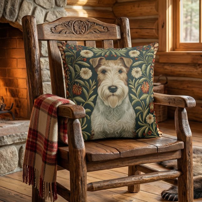 Draad Fox Terrier in William Morris bloemstijl Kussen (Approximates 20 inch size.)