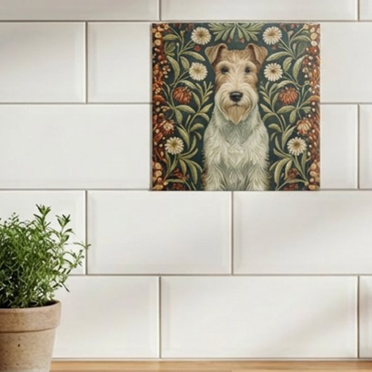 Draad Fox Terrier in William Morris bloemstijl Tegeltje