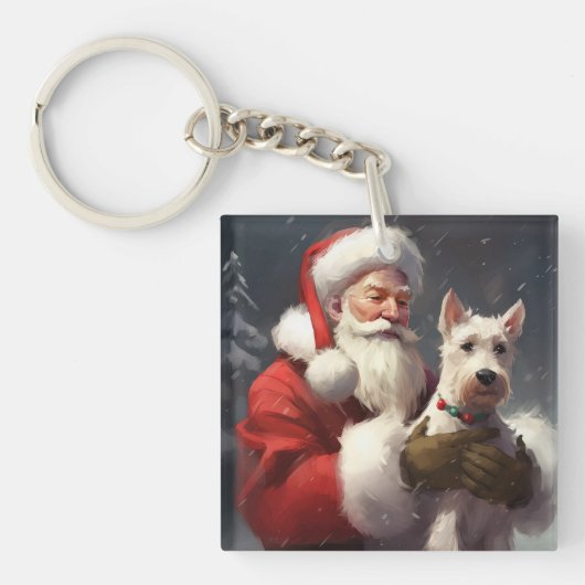 Draad Fox Terrier Kerstman Festive Kerstmis Sleutelhanger (Voorkant)