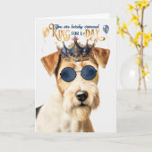 Draad Fox Terrier Koning voor een Dag Grappige Ver Kaart (Gele Bloem)