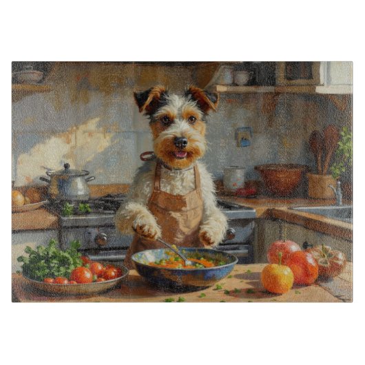 Draad Fox Terrier Kookt in Keuken Snijplank (Voorkant)