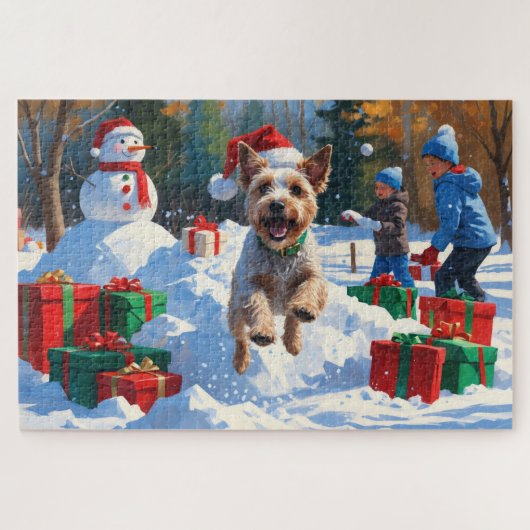 Draad Fox Terrier loopt door de sneeuw met Kerstmu Legpuzzel (Horizontaal)