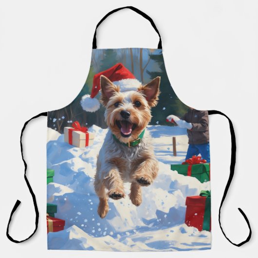 Draad Fox Terrier loopt door de sneeuw met Kerstmu Schort (Voorkant)