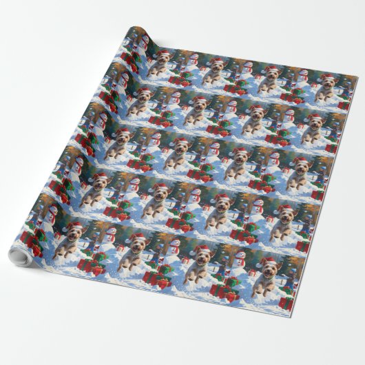 Draad Fox Terrier loopt door sneeuw met Kerstmuts Cadeaupapier (Uitgerold)