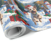 Draad Fox Terrier loopt door sneeuw met Kerstmuts Cadeaupapier (Rol Hoek)