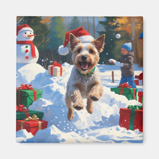 Draad Fox Terrier loopt door sneeuw met Kerstmuts Magneet (Voorkant)