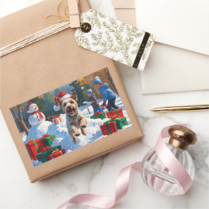 Draad Fox Terrier loopt door sneeuw met Kerstmuts Rechthoekige Sticker