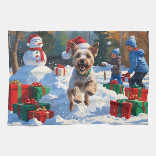 Draad Fox Terrier loopt door sneeuw met Kerstmuts Theedoek (Horizontaal)