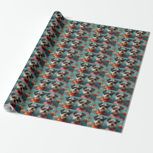 Draad Fox Terrier met Hartrozen Valentijnsdag Cadeaupapier (Uitgerold)