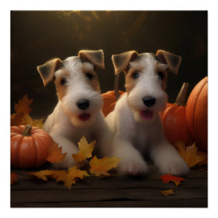 Draad Fox Terrier Puppy Herfst Plezier Pompoen Perfect Poster
