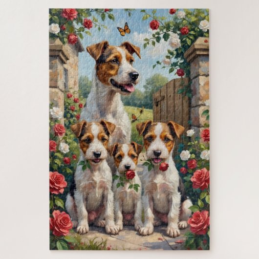 Draad Fox Terrier Rose Cottage Kunst Legpuzzel (Verticaal)