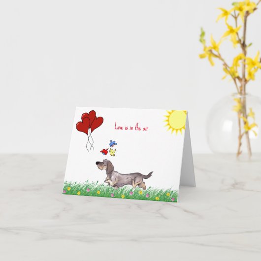 Draad Haar Dachshund Valentijn Kaart (Gele Bloem)