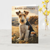 Draad haar vos terriër in platteland verjaardag kaart (Gele Bloem)