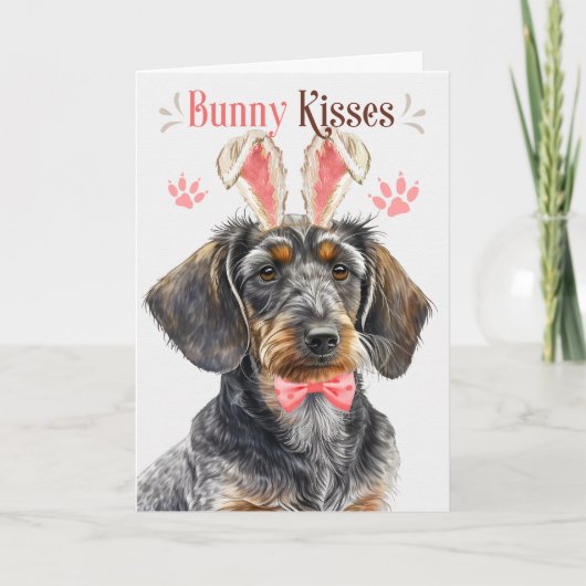 Draad Haired Dachshund Hond in Bunny Ears voor Pas Feestdagen Kaart (Voorkant)