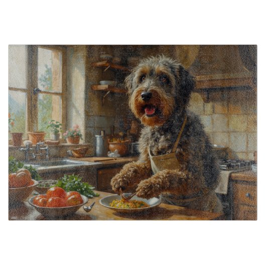Draadharende Griffon Kookt in Keuken Snijplank (Voorkant)