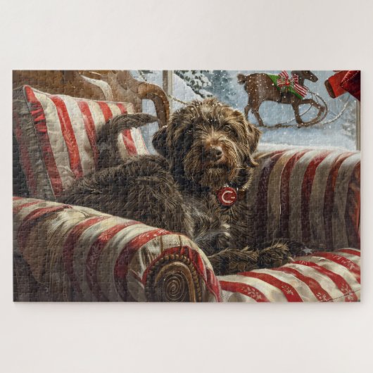 Draadharende Pointing Griffon Hond Kerstmis Festie Legpuzzel (Horizontaal)