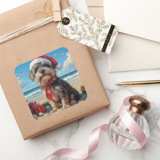 Draadharende Pointing Griffon Hond Kerstmis Strand Vierkante Sticker (Geschenken)