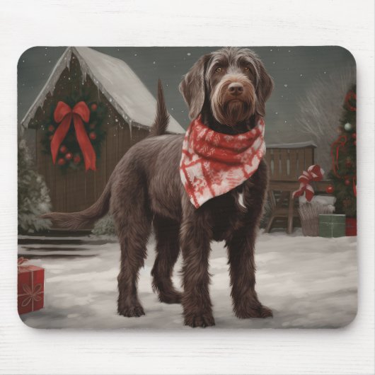Draadharige Pointer in Kerstsneeuw Muismat (Voorkant)