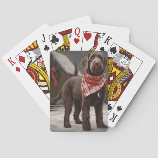 Draadharige Pointer in Kerstsneeuw Pokerkaarten (Achterkant)