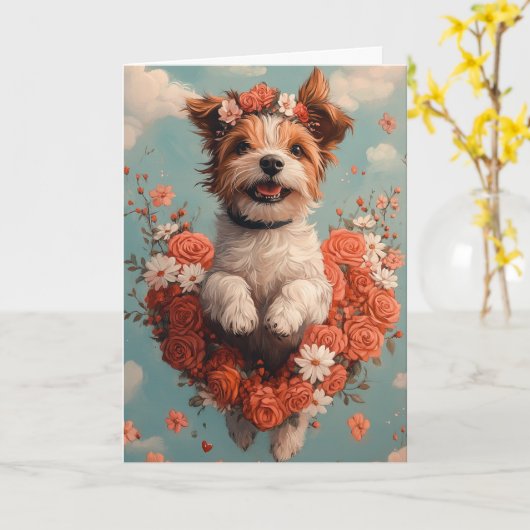 Draadharige Pointing Griffon Harten Valentijnsdag Kaart (Gele Bloem)