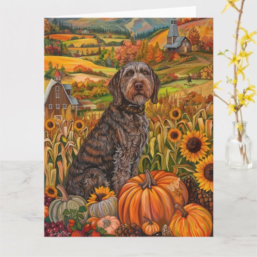 Draadharige Pointing Griffon Herfst Dankdag Kaart (Gele Bloem)