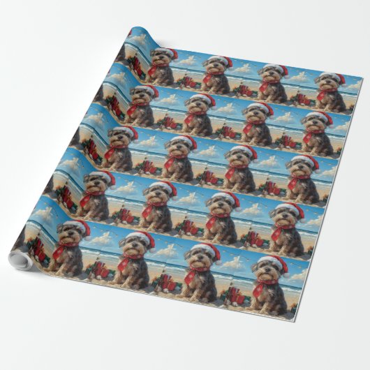 Draadharige Pointing Griffon Hond Kerstmis Strand Cadeaupapier (Uitgerold)