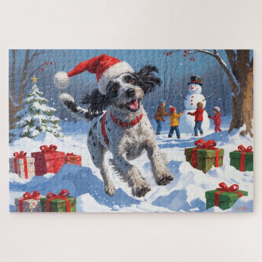 Draadharige Pointing Griffon in Sneeuw Kerstmuts Legpuzzel (Horizontaal)