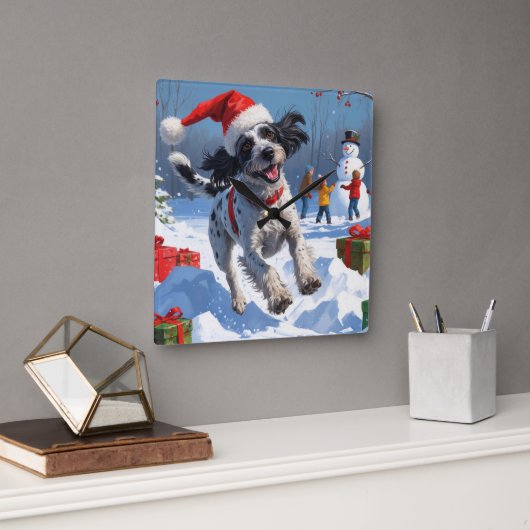 Draadharige Pointing Griffon in Sneeuw Kerstmuts Vierkante Klok (Kantoor)