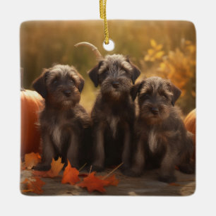 Draadharige Pointing Griffon Puppy Herfst Keramisch Ornament