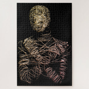 Draadmodel van een menselijke figuur in abstracte legpuzzel