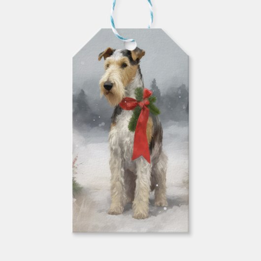 Draadvos Terriër Hond in Sneeuw Kerstmis Cadeaulabel (Voorkant)