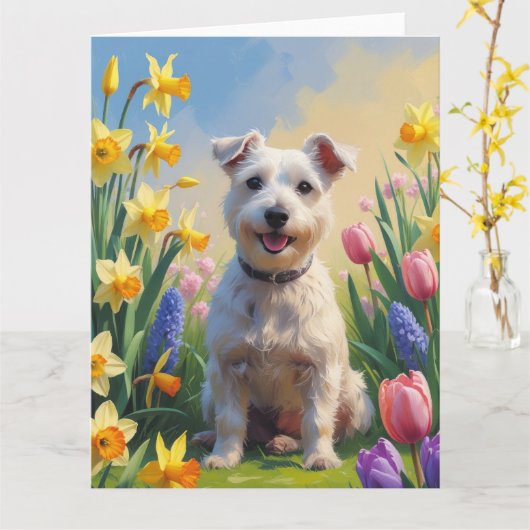 Draadvos Terrier Hond Lente Bloemen Schilderij Kaart (Gele Bloem)