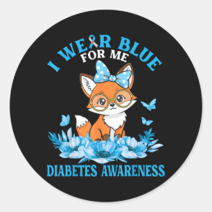 Draag Blauw Voor Schattige Vos Met Bloemen Diabete Ronde Sticker