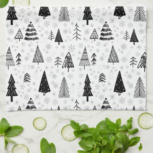 Draagbomen en sneeuwvlokken - zwart en wit patroon theedoek (Gevouwen)
