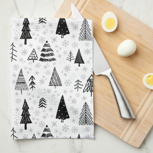 Draagbomen en sneeuwvlokken - zwart en wit patroon theedoek (Quarter Fold)