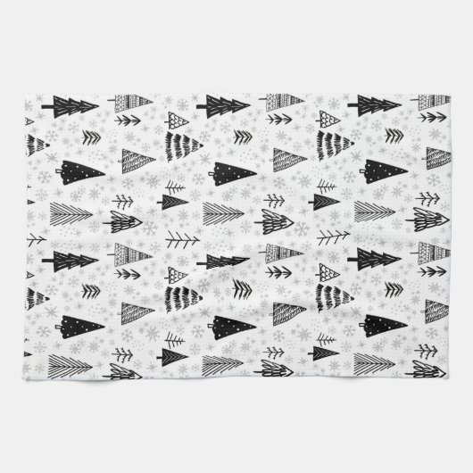Draagbomen en sneeuwvlokken - zwart en wit patroon theedoek (Horizontaal)