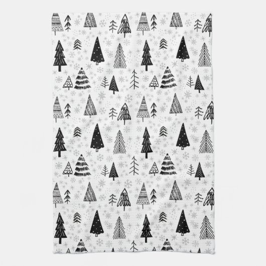 Draagbomen en sneeuwvlokken - zwart en wit patroon theedoek (Verticaal)