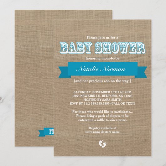 Draagbuik en blauwe lintjes, bijdedouche voor baby kaart (Voorkant / Achterkant)