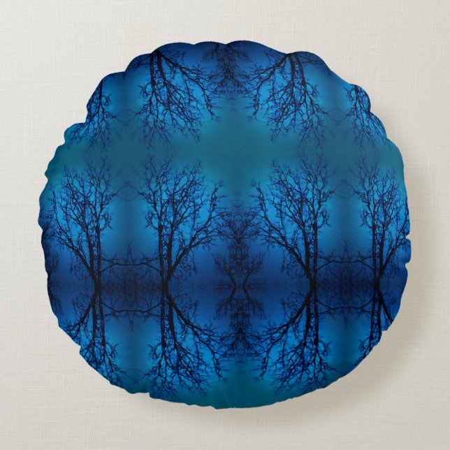 Draai het glas, huilende boom blauw bos Abstract Rond Kussen (Voorkant)