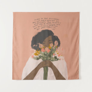 Draai naar de bloemen inspirerend citaat zwarte ku wandkleed