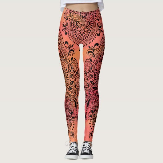 Draai zwart Ornament op roze & gele achtergrond Leggings (Voorkant)