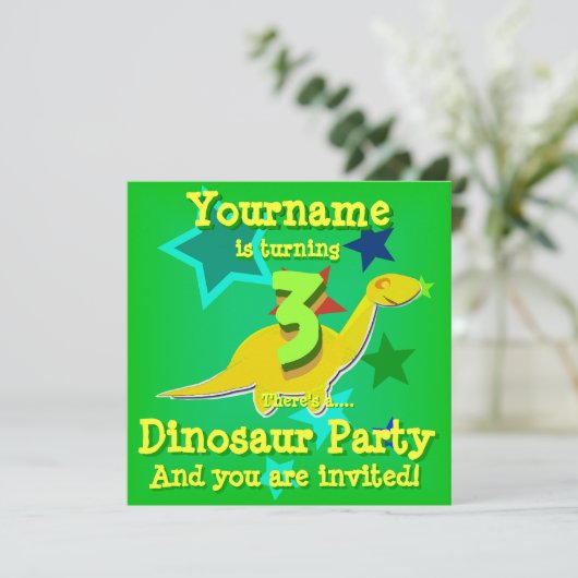 Draaien 3 Verjaardag Dinosaurus Feest Uitnodiginge Kaart (Staand voorkant)
