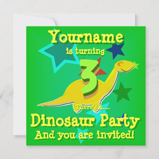 Draaien 3 Verjaardag Dinosaurus Feest Uitnodiginge Kaart (Voorkant)