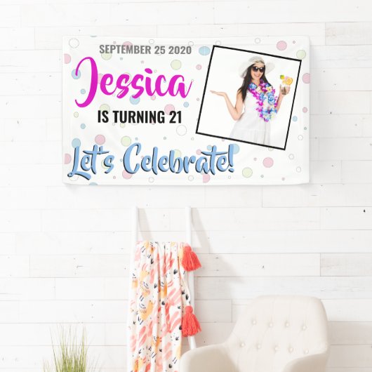 Draaiend 21 Roze, Blauwe en Paarse Verjaardagsbann Spandoek (Insitu)